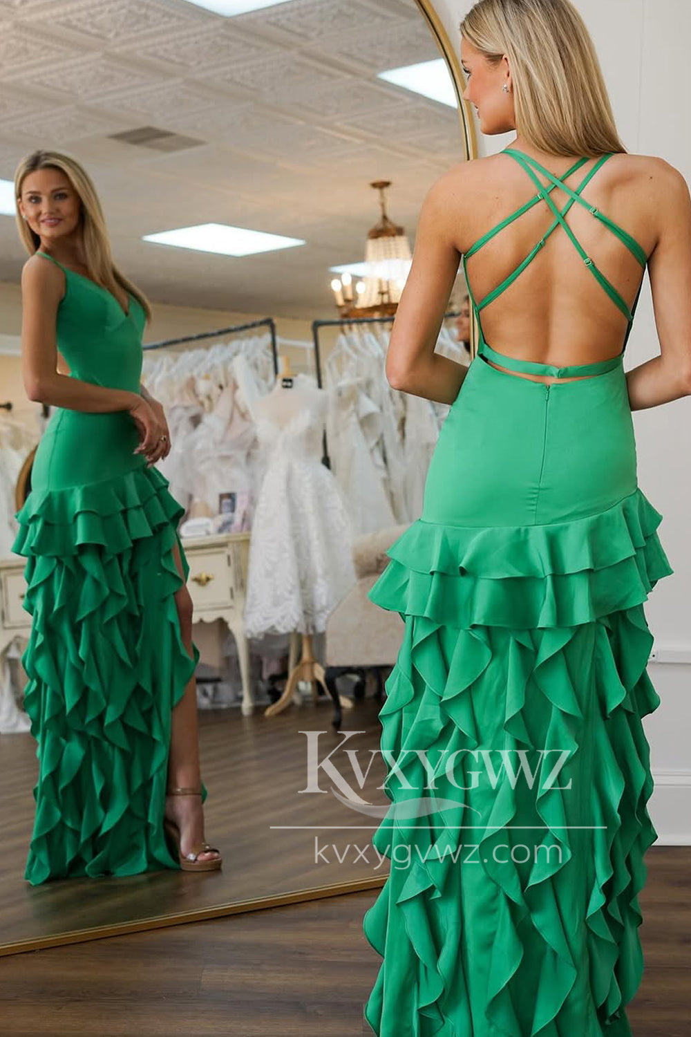 Stunning Sheath V Neck Green Evening Gown Satin Ruffles Prom Dress with Slit LF1402