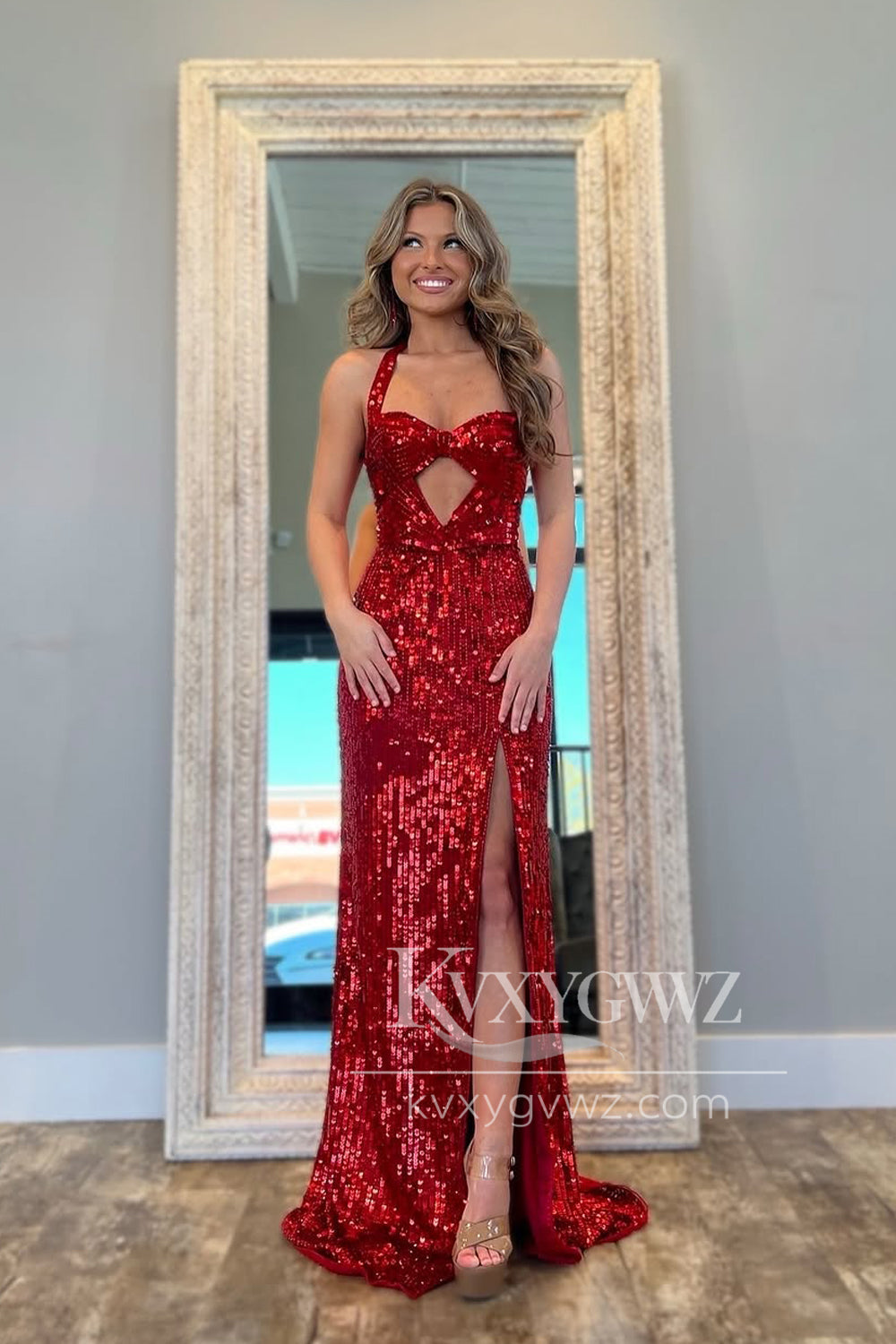 Mermaid Sweetheart Evening Gown Dark Red Sequins Long Prom Dress with Slit LF1403