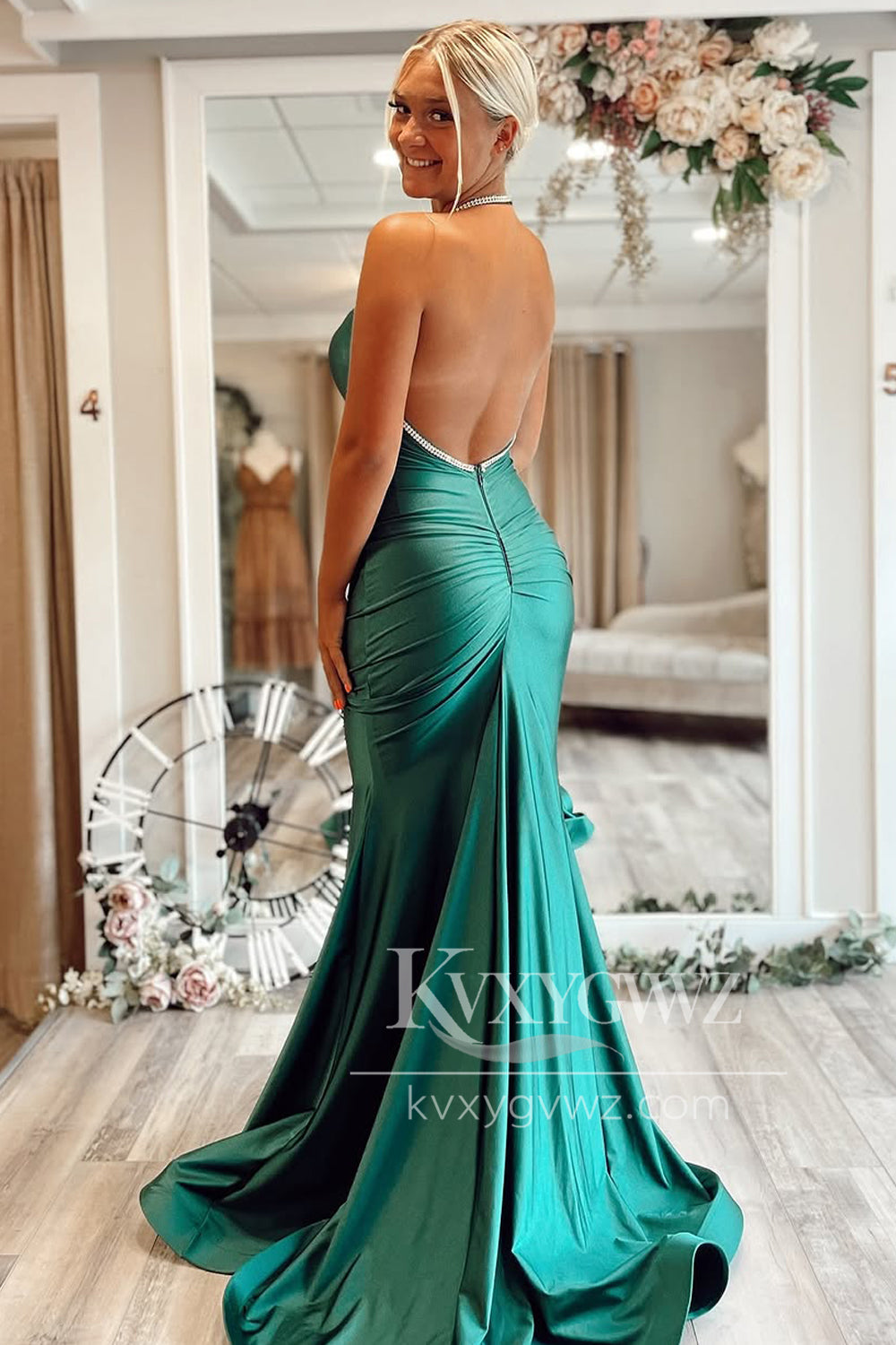 Mermaid Halter Evening Gown Dark Green Satin Long Prom Dress with Beadings LF1405