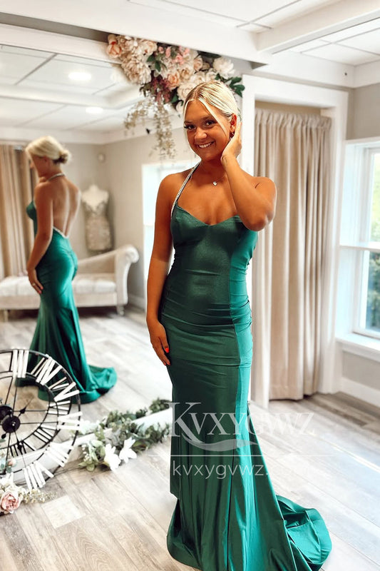Mermaid Halter Evening Gown Dark Green Satin Long Prom Dress with Beadings LF1405