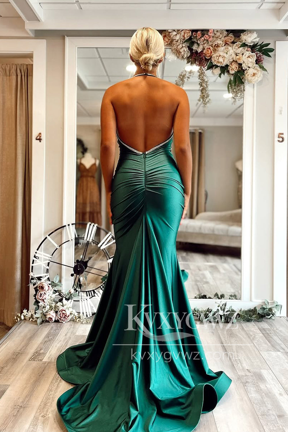 Mermaid Halter Evening Gown Dark Green Satin Long Prom Dress with Beadings LF1405