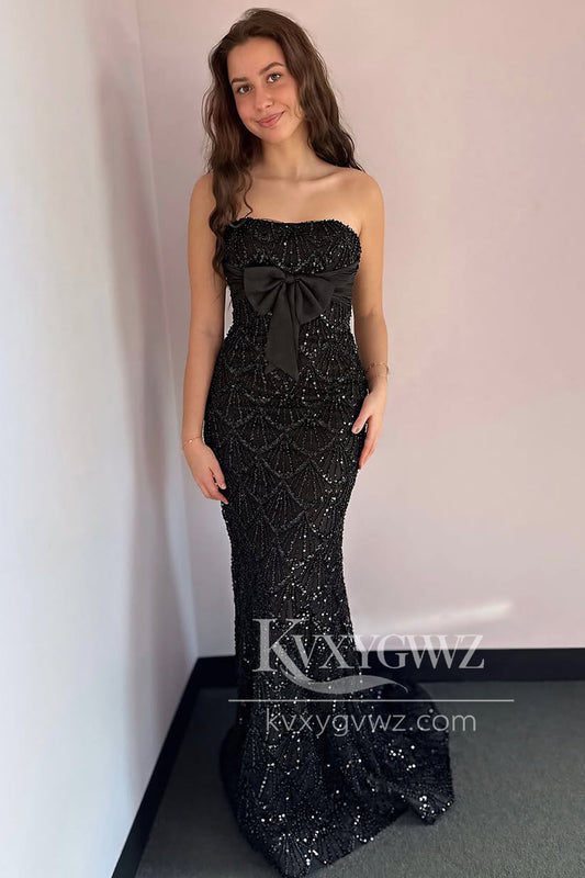 Mermaid Strapless Black Sequins Long Prom Dress Gown with Bowknot LF1406