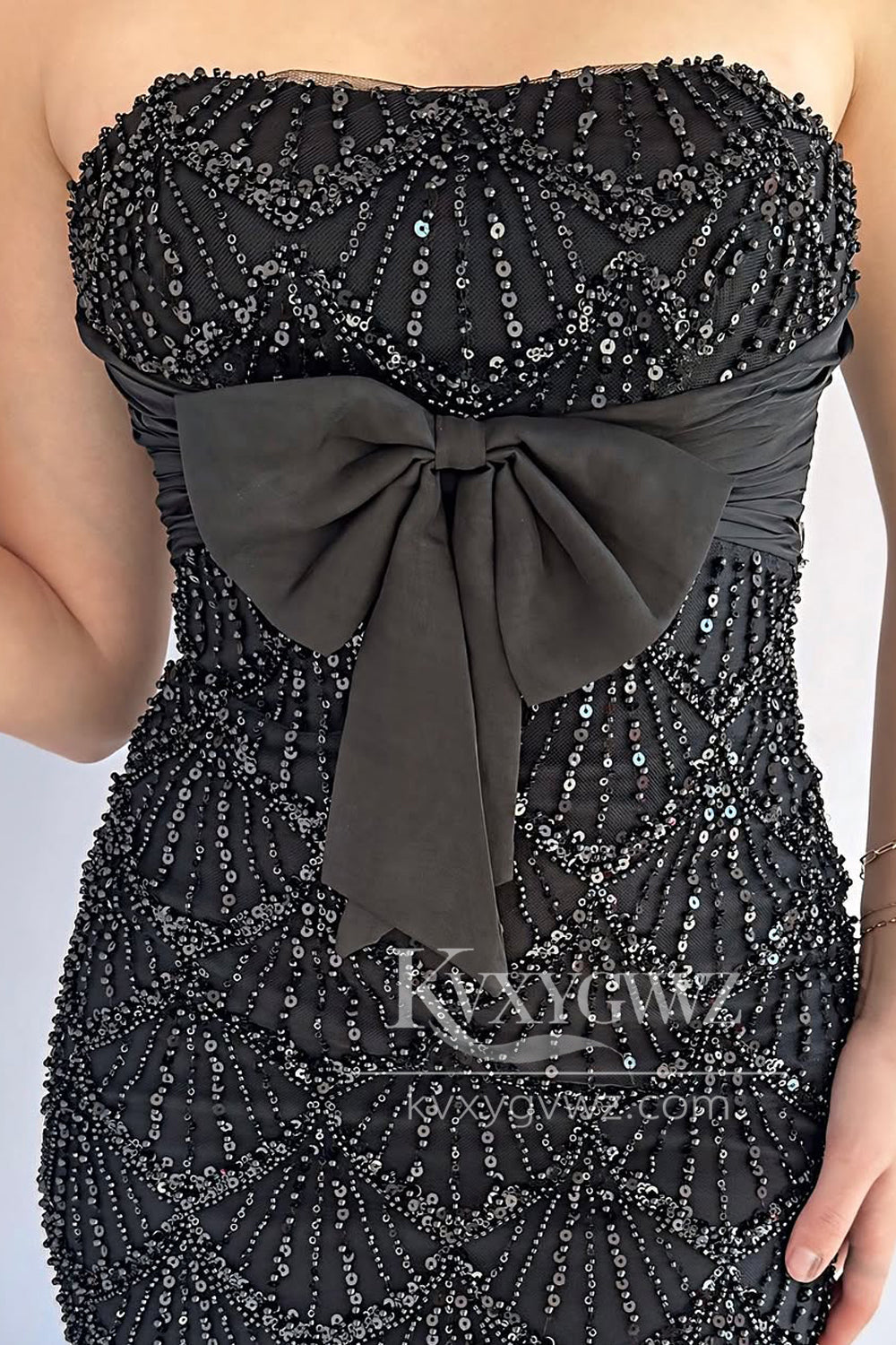 Mermaid Strapless Black Sequins Long Prom Dress Gown with Bowknot LF1406
