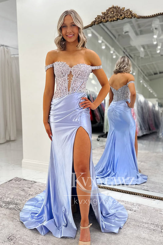 Mermaid Off the Shoulder Evening Gown Lavender Long Prom Dress with Slit LF1407