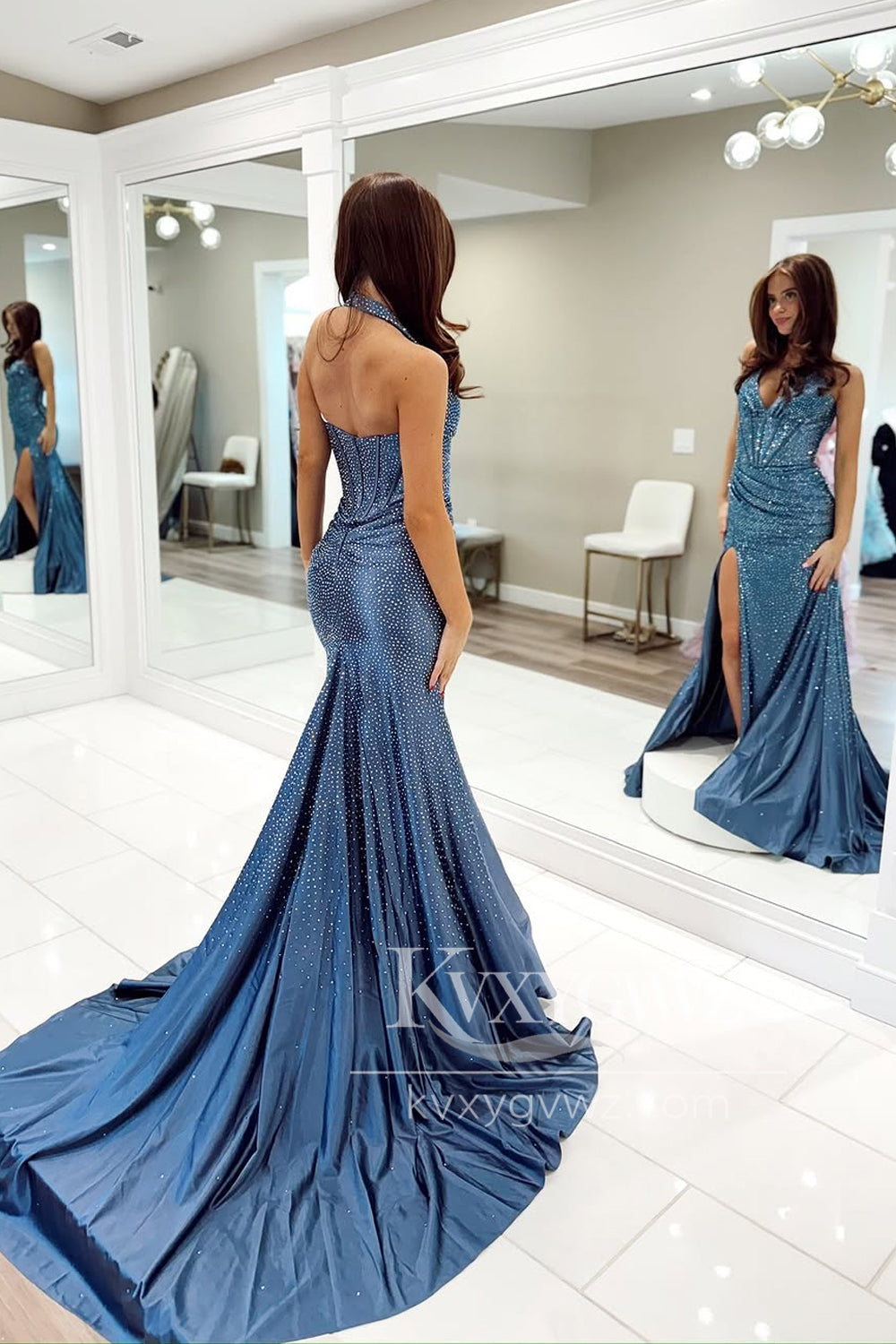 Mermaid Halter Navy Evening Gown Satin Beads Long Prom Dress with Slit LF1409