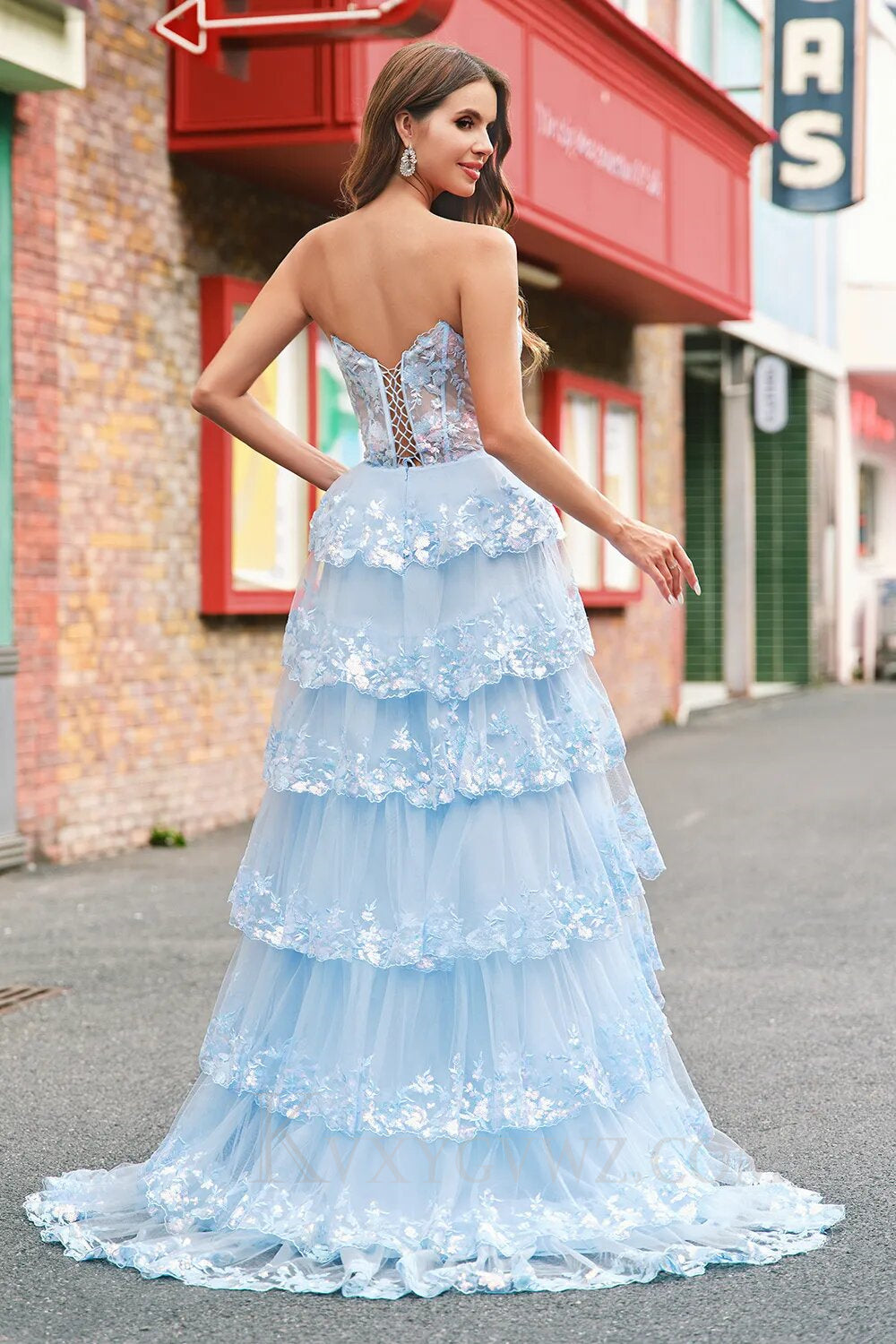 Sparkly Blue Strapless Corset Ruffled Long Lace Prom Dress with Slit LF141