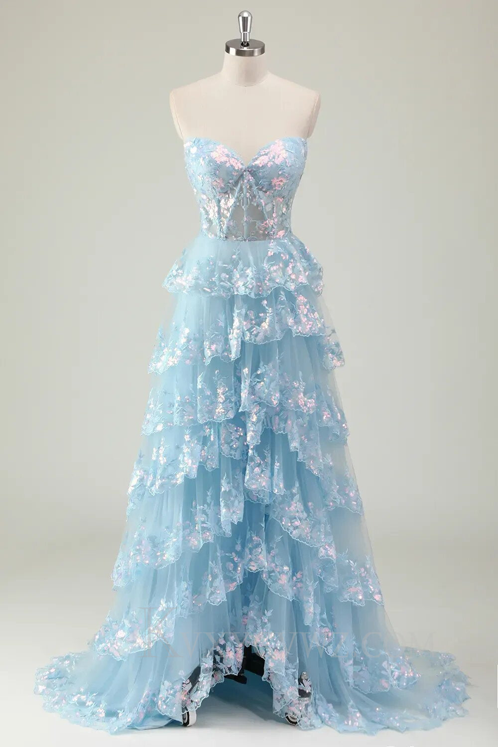 Sparkly Blue Strapless Corset Ruffled Long Lace Prom Dress with Slit LF141