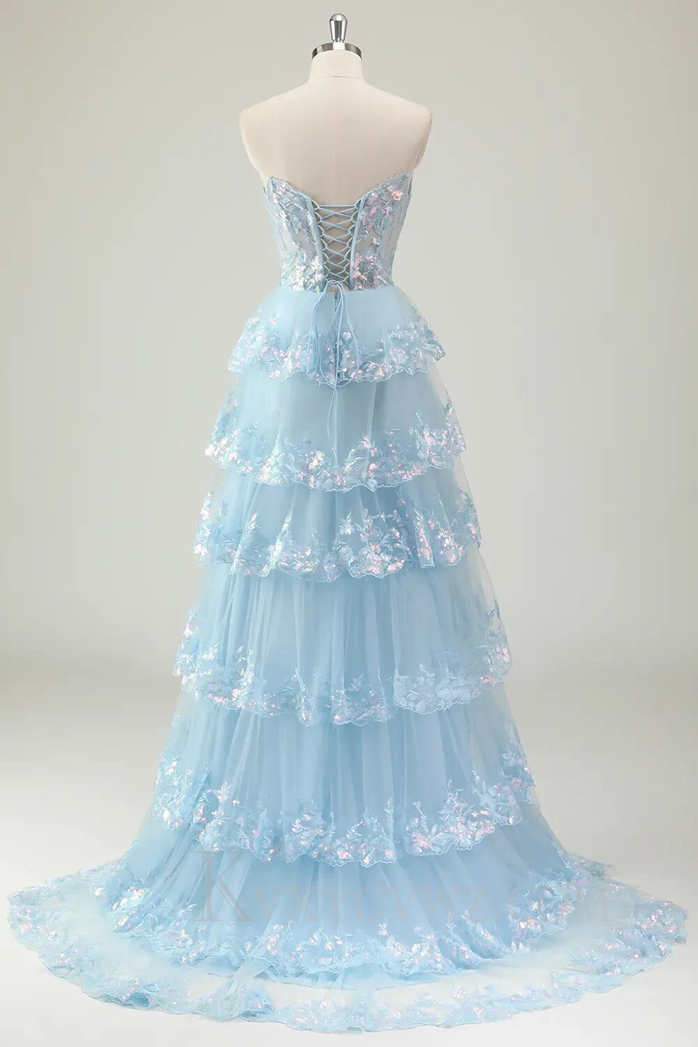 Sparkly Blue Strapless Corset Ruffled Long Lace Prom Dress with Slit LF141