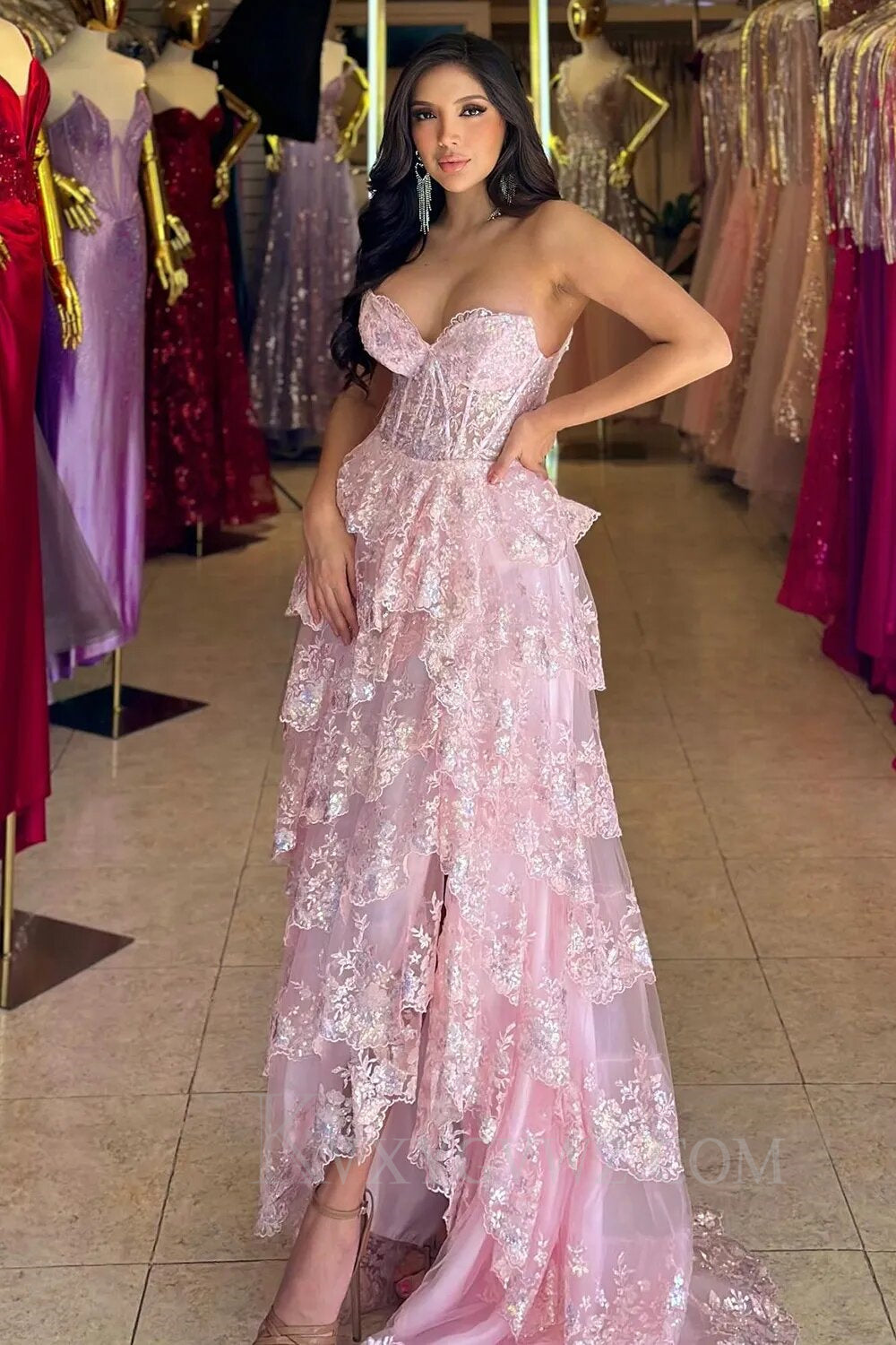 Sparkly Blue Strapless Corset Ruffled Long Lace Prom Dress with Slit LF141
