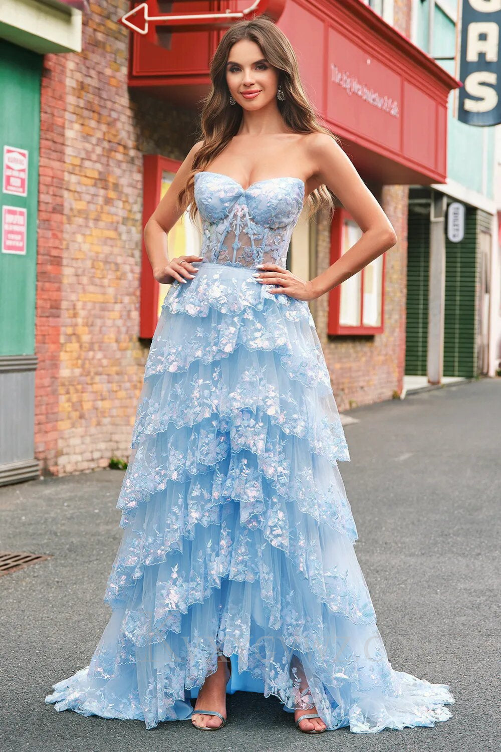 Sparkly Blue Strapless Corset Ruffled Long Lace Prom Dress with Slit LF141
