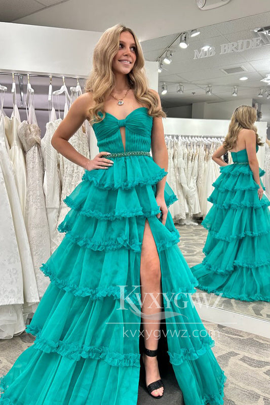 A-Line Sweetheart Evening Gown Green Ruffle Tiered Long Prom Dress with Slit LF1410