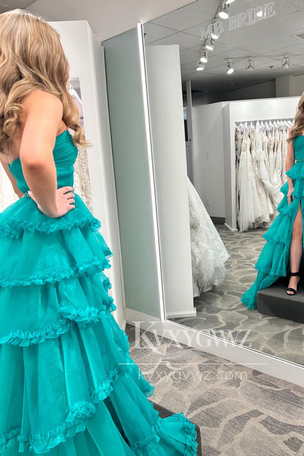 A-Line Sweetheart Evening Gown Green Ruffle Tiered Long Prom Dress with Slit LF1410