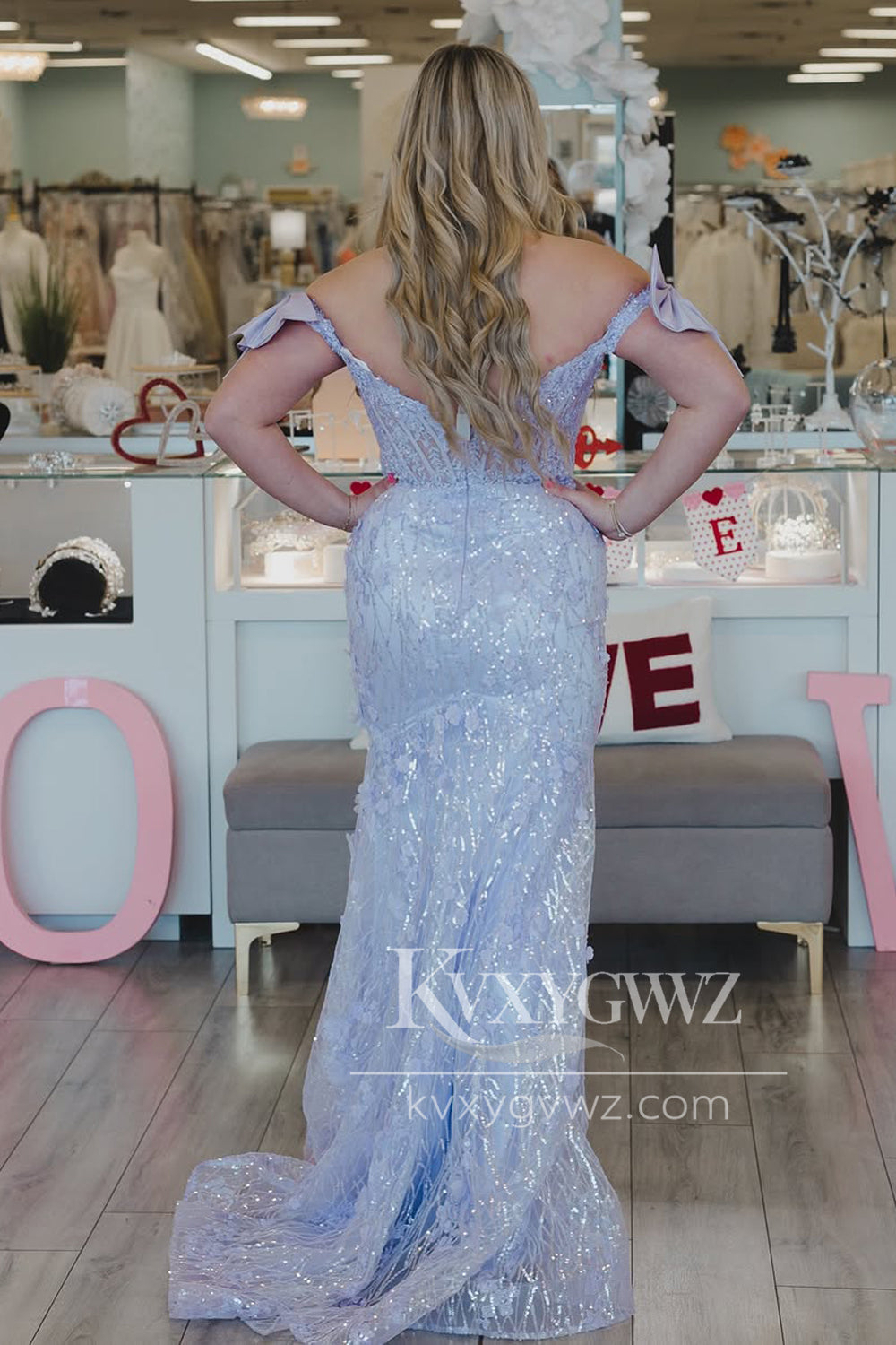 Mermaid Off the Shoulder Evening Gown Lilac Sequins Long Prom Dress With Slit LF1411