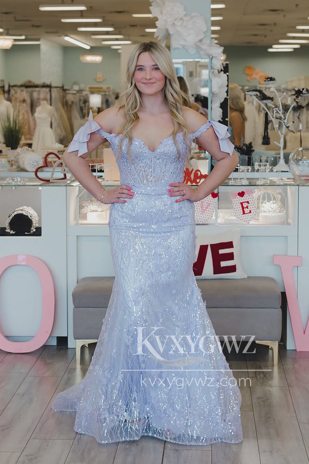 Mermaid Off the Shoulder Evening Gown Lilac Sequins Long Prom Dress With Slit LF1411