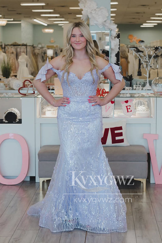 Mermaid Off the Shoulder Evening Gown Lilac Sequins Long Prom Dress With Slit LF1411