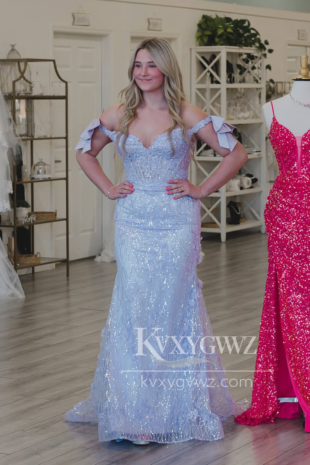 Mermaid Off the Shoulder Evening Gown Lilac Sequins Long Prom Dress With Slit LF1411