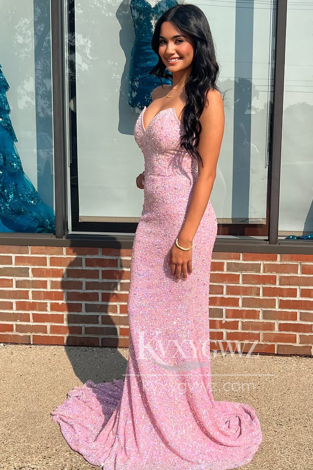 Mermaid V-neck Evening Gown Pink Sequins Long Prom Dress With Sweep Train LF1412