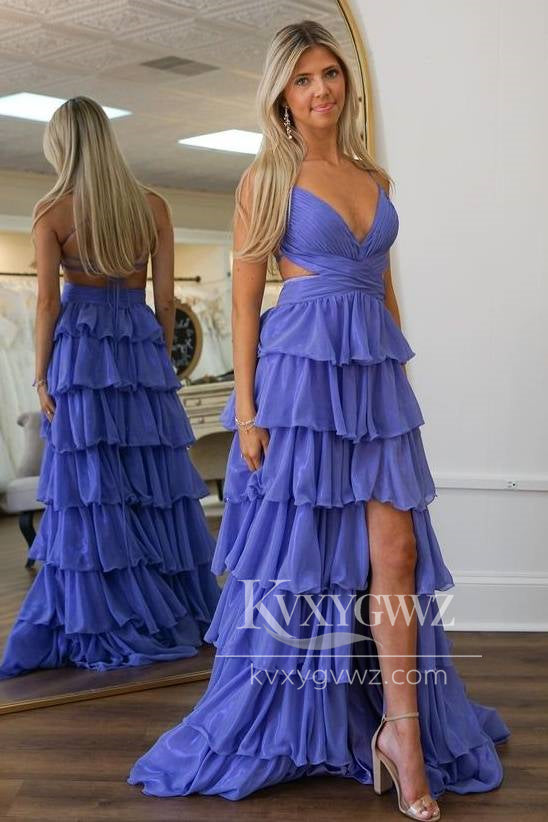 Fairy A Line V-Neck Ruffle Tiered Evening Gown Chiffon Purple Prom Dress with Slit LF1414