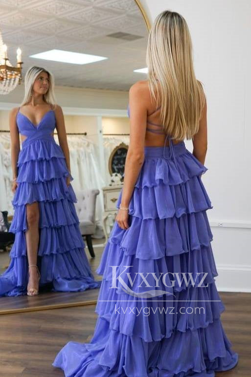 Fairy A Line V-Neck Ruffle Tiered Evening Gown Chiffon Purple Prom Dress with Slit LF1414