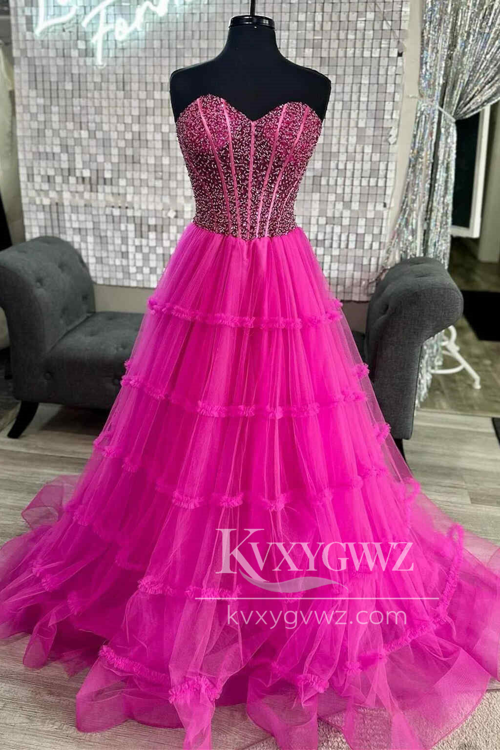 Stunning A Line Sweetheart Evening Gown Fuchsia Beaded Tiered Tulle Prom Dress  LF1416