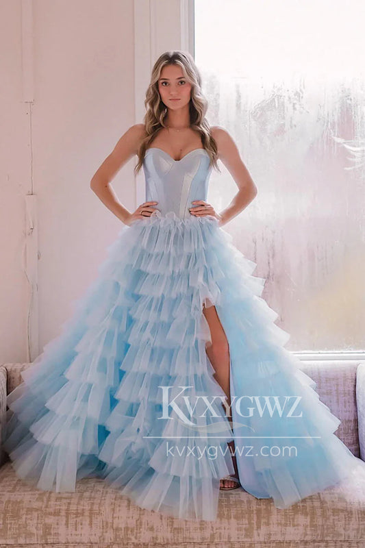 Dazzling A-line Ball Gown Sweetheart Tiered Evening Gown Tulle Prom Dress LF1418