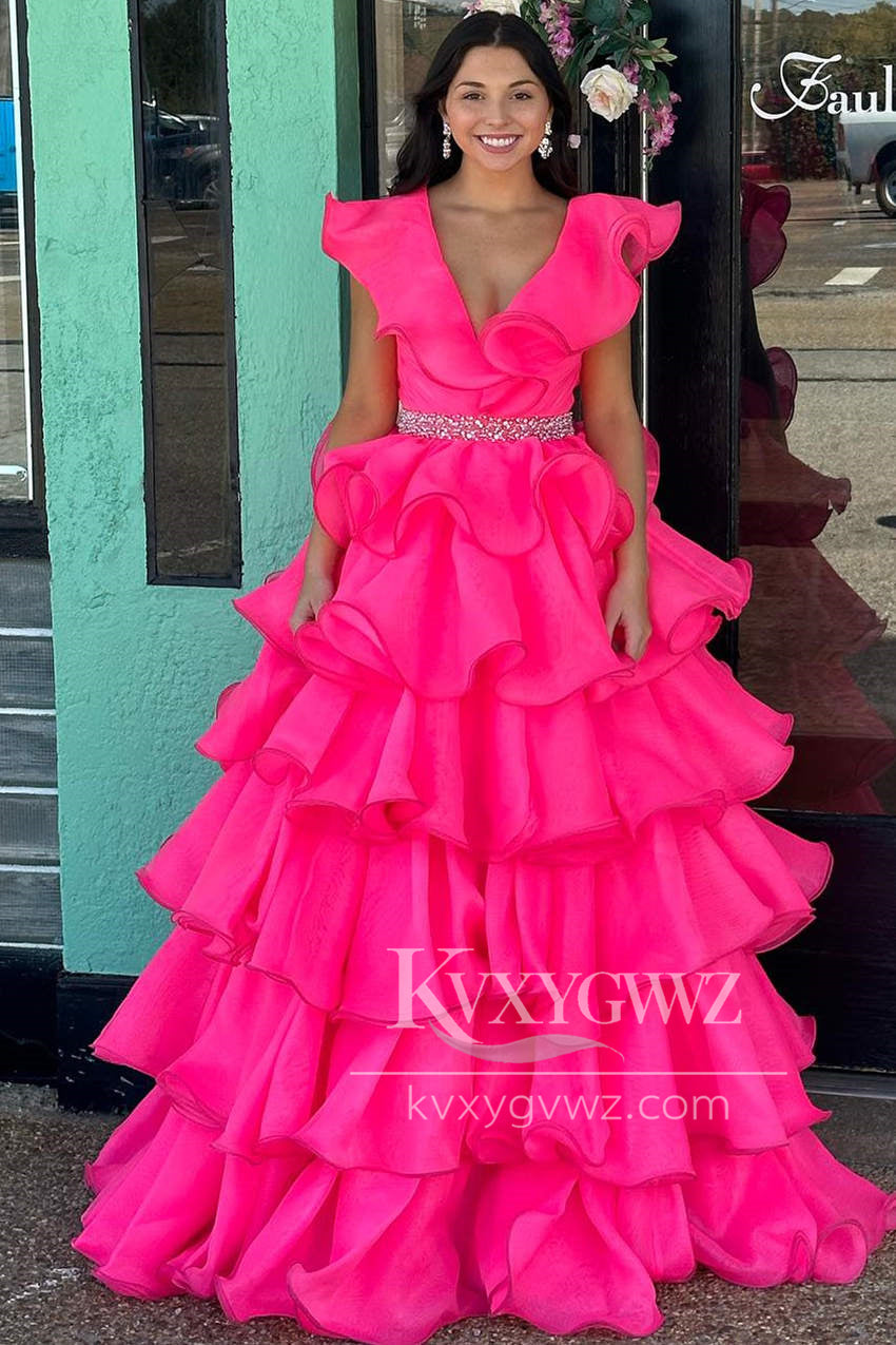 Dazzling Ball Gown Hot Pink V-Neck Evening Gown Ruffle Tiered Long Prom Dress LF1419