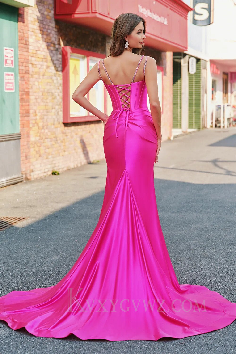 Sparkly Satin Fuchsia Corset Long Prom Dress LF142