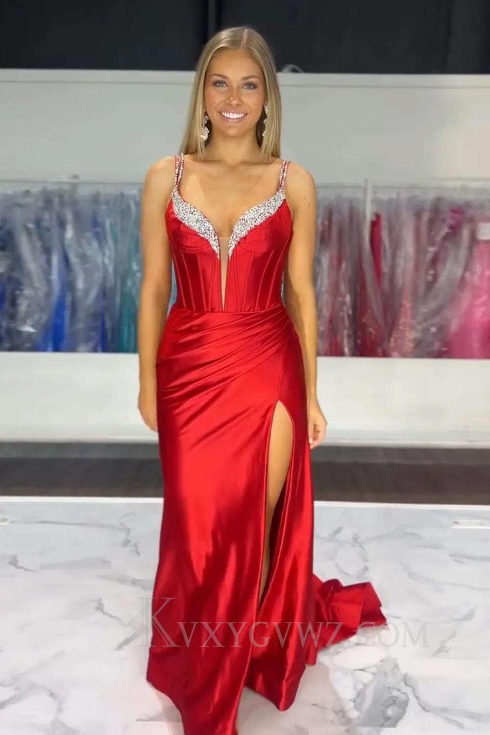 Sparkly Satin Fuchsia Corset Long Prom Dress LF142