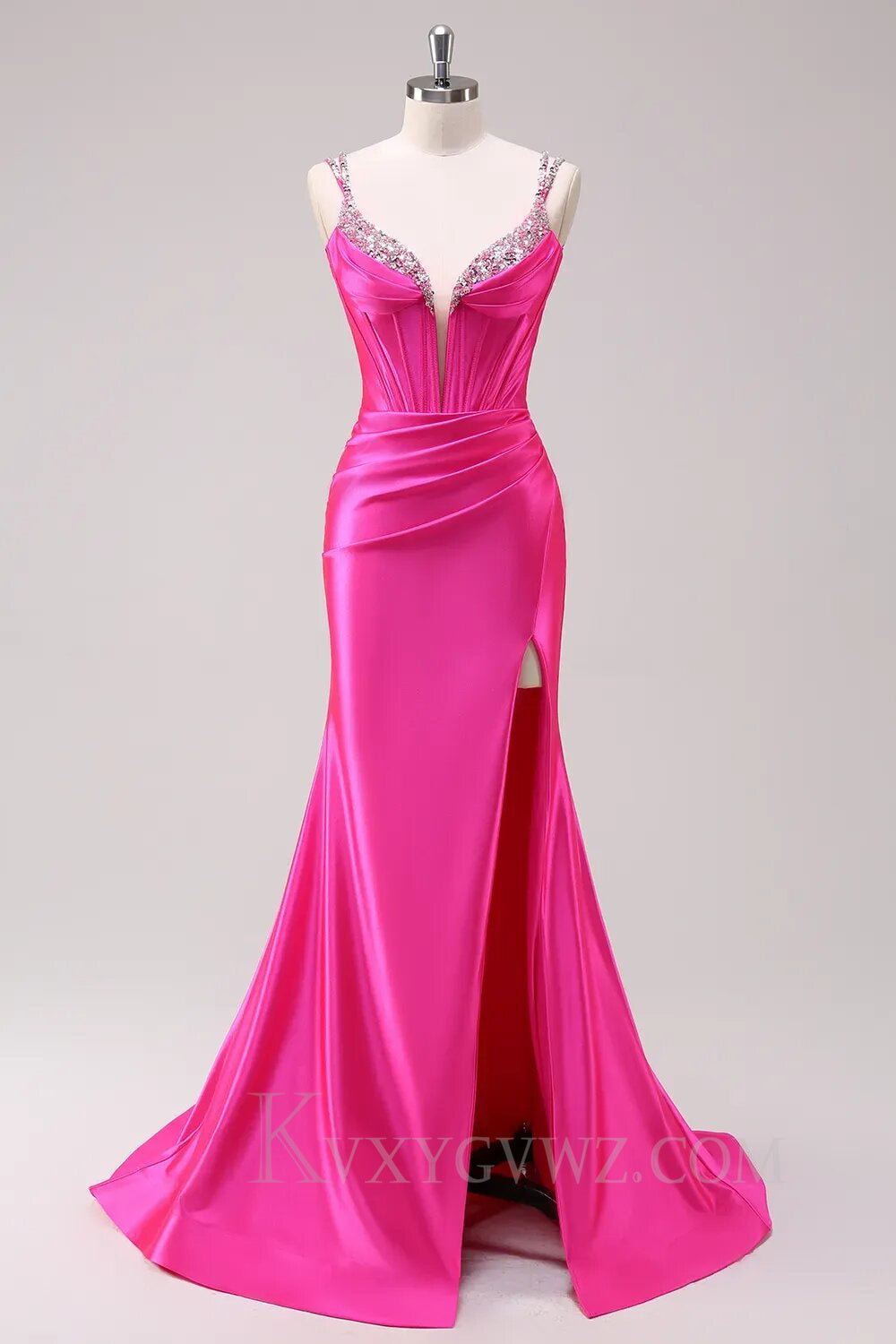 Sparkly Satin Fuchsia Corset Long Prom Dress LF142