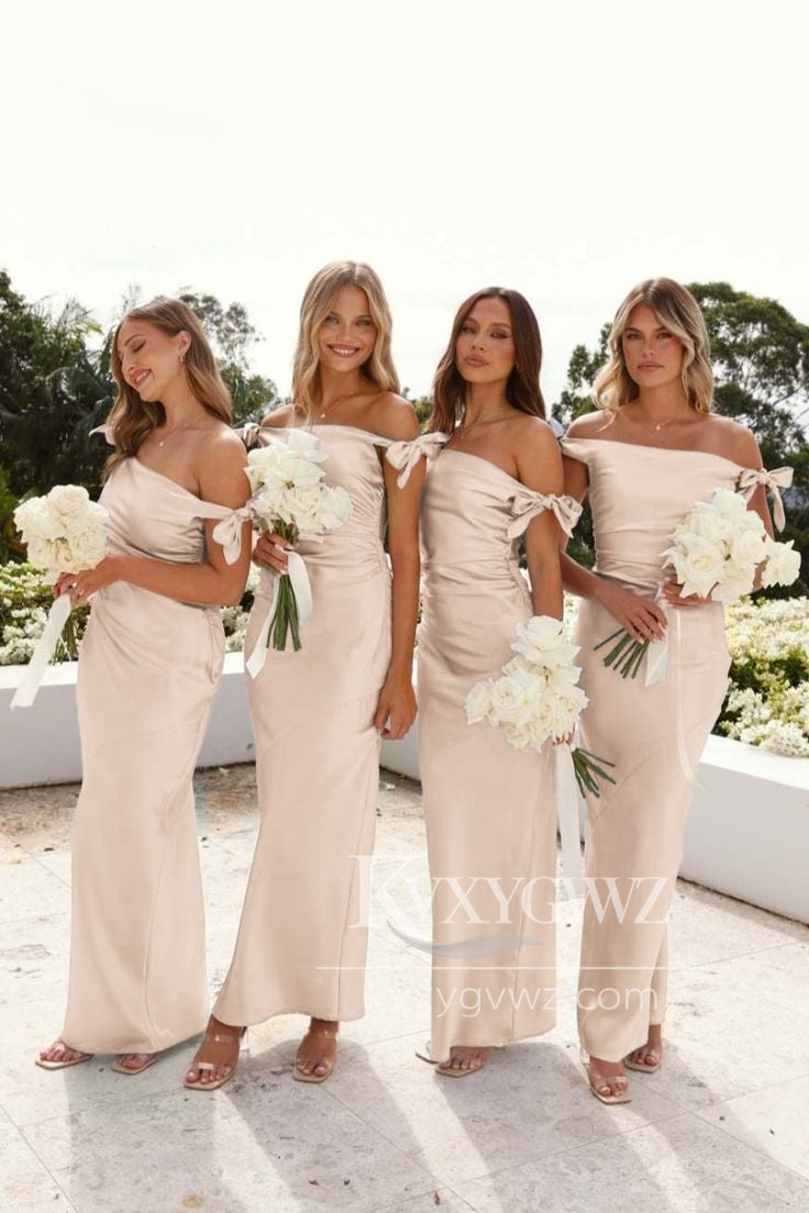 Chic Mermaid Off-Shoulder Evening Gown Light Blue Silk Satin Long Bridesmaid Dress LF1420