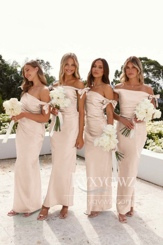 Chic Mermaid Off-Shoulder Evening Gown Light Blue Silk Satin Long Bridesmaid Dress LF1420