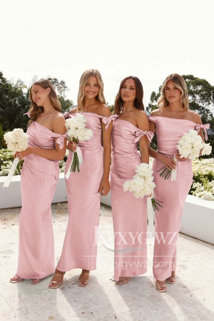 Chic Mermaid Off-Shoulder Evening Gown Light Blue Silk Satin Long Bridesmaid Dress LF1420