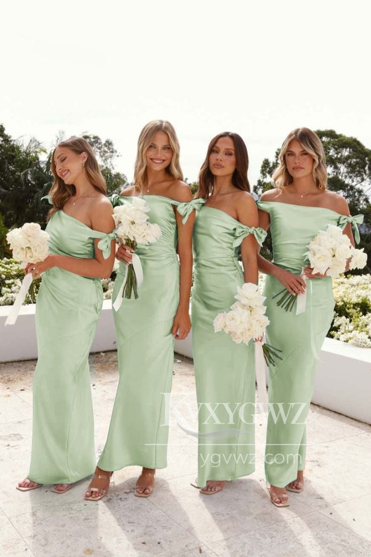 Chic Mermaid Off-Shoulder Evening Gown Light Blue Silk Satin Long Bridesmaid Dress LF1420