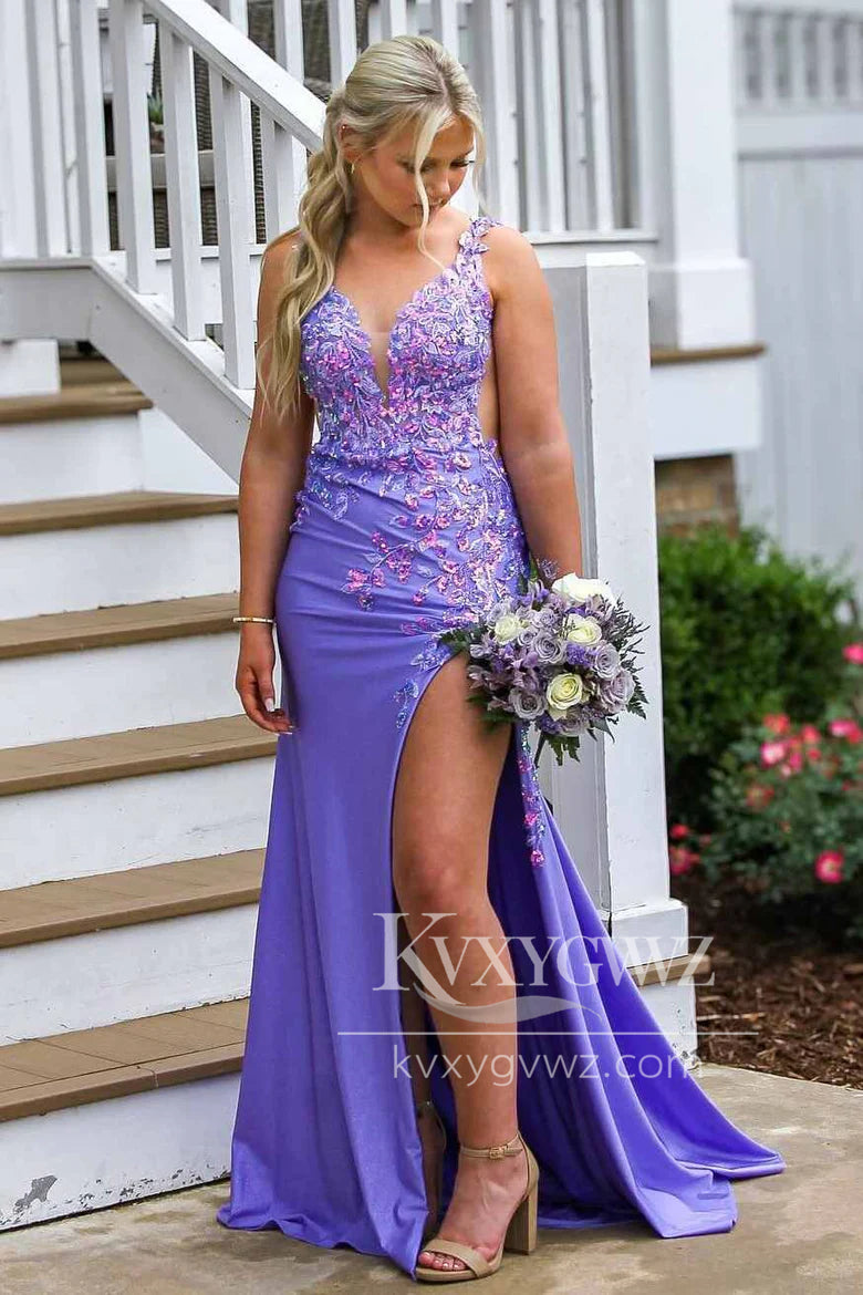 Stunning Mermaid V Neck Evening Gown Purple Satin Slit Prom Dress with Appliques LF1421