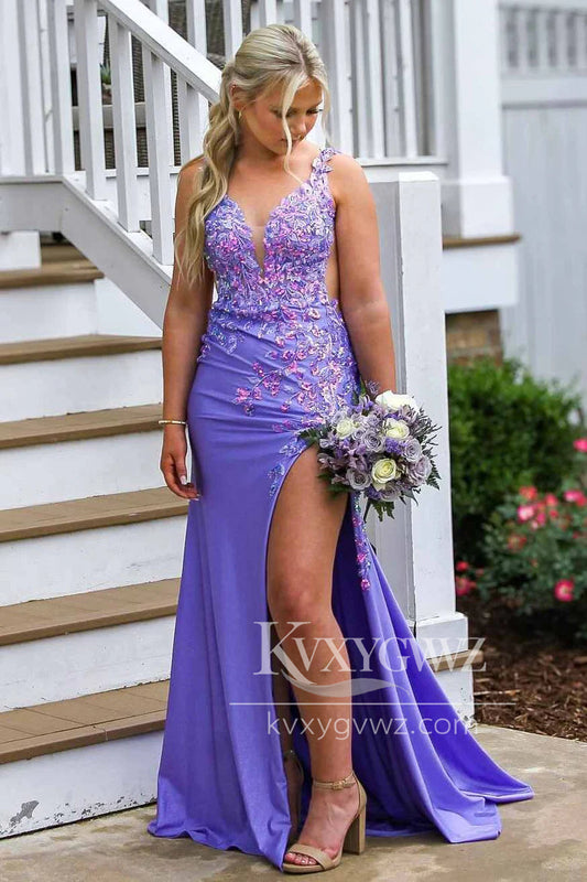 Stunning Mermaid V Neck Evening Gown Purple Satin Slit Prom Dress with Appliques LF1421