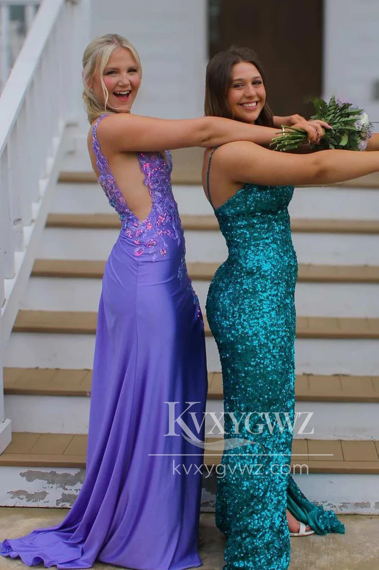 Stunning Mermaid V Neck Evening Gown Purple Satin Slit Prom Dress with Appliques LF1421