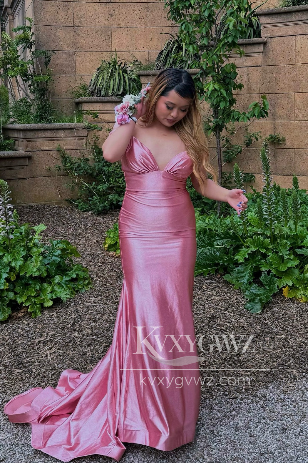 Elegant Pink Mermaid Evening Gown V-Neck Elastic Satin Long Prom Dress LF1422