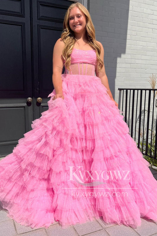 Stunning A Line Strapless Evening Gown Glitter Tulle Tiered Long Prom Dress LF1423