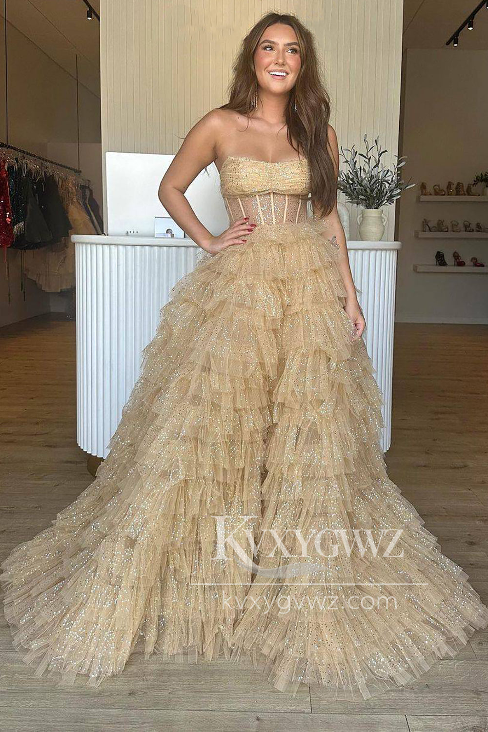 Stunning A Line Strapless Evening Gown Glitter Tulle Tiered Long Prom Dress LF1423