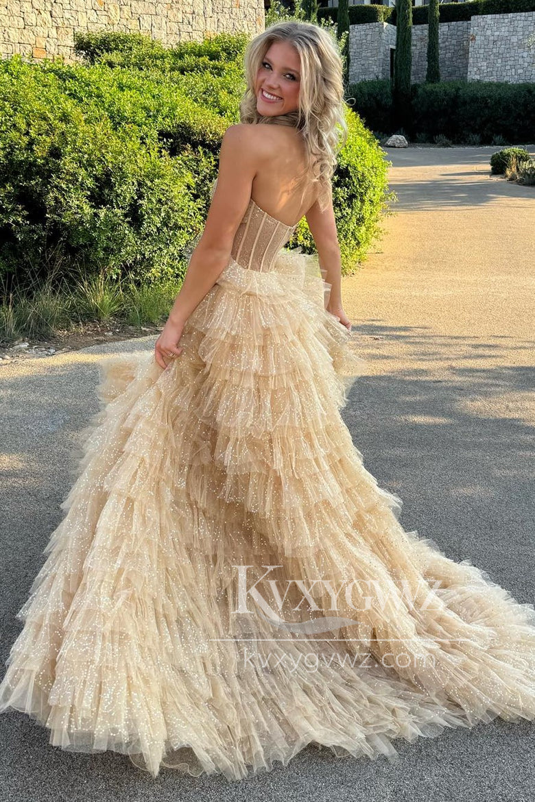 Stunning A Line Strapless Evening Gown Glitter Tulle Tiered Long Prom Dress LF1423
