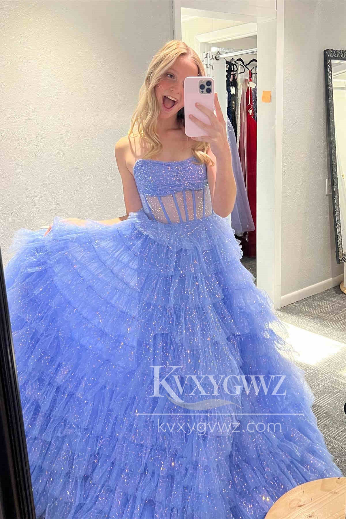 Stunning A Line Strapless Evening Gown Glitter Tulle Tiered Long Prom Dress LF1423