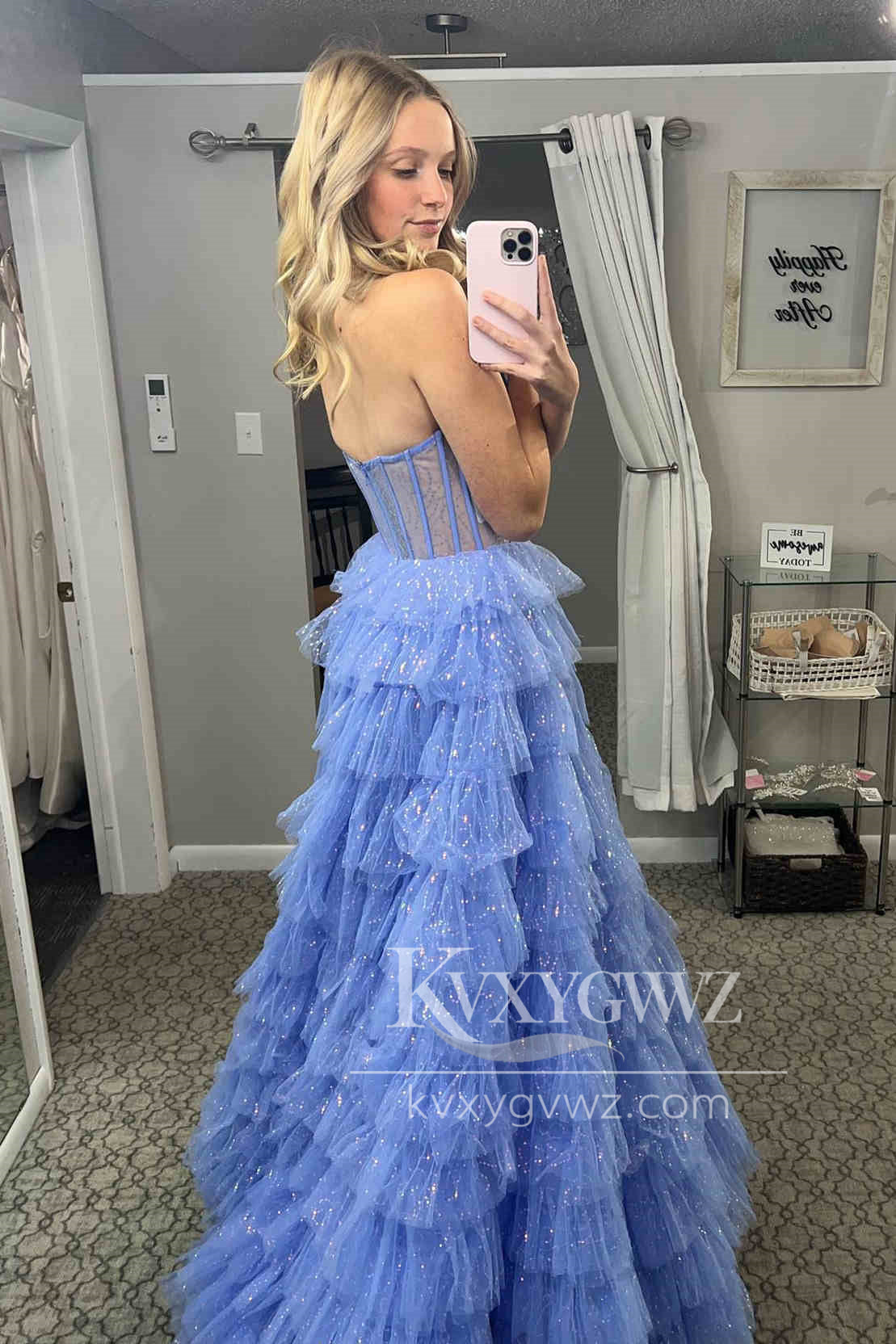 Stunning A Line Strapless Evening Gown Glitter Tulle Tiered Long Prom Dress LF1423