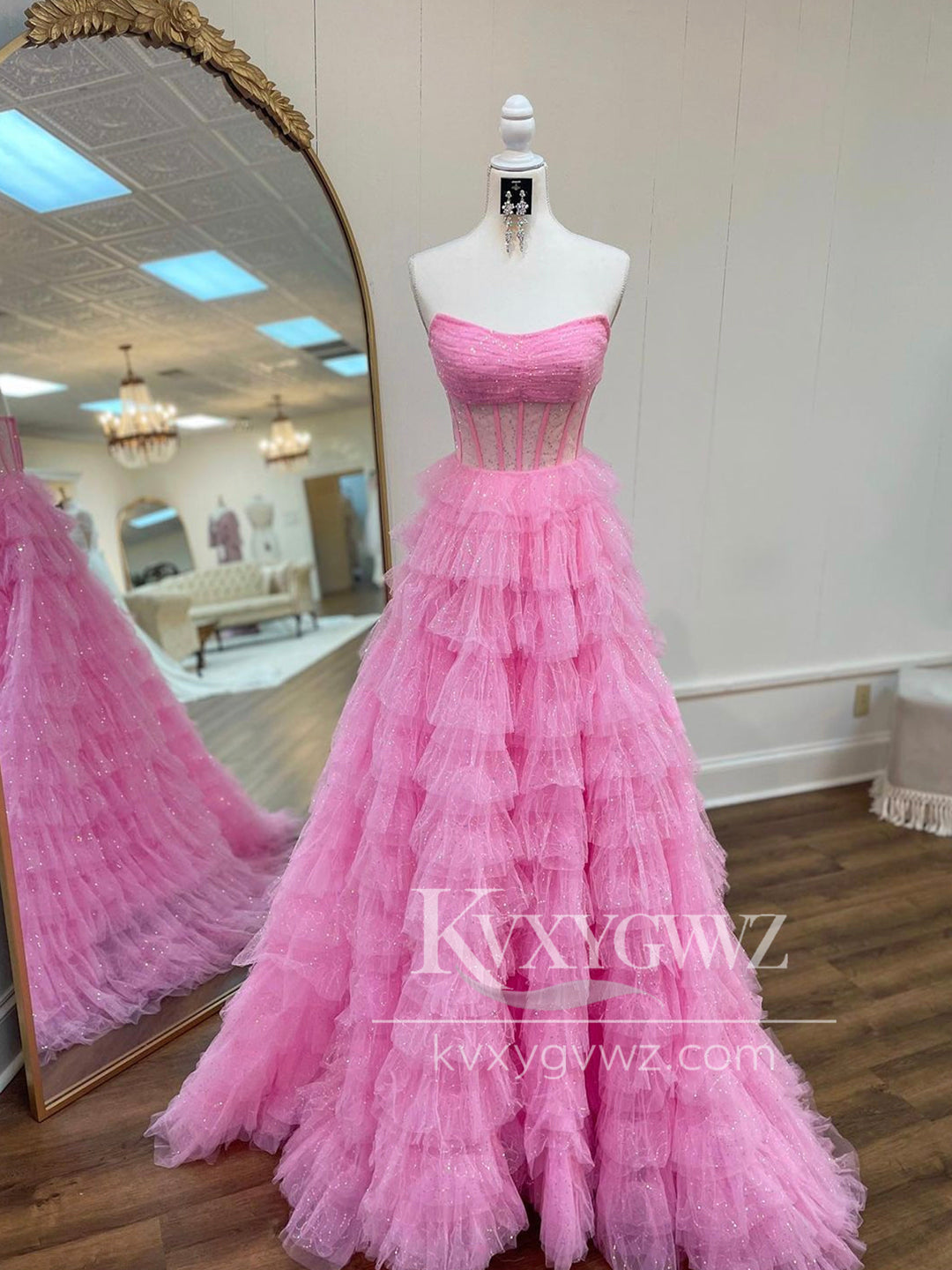 Stunning A Line Strapless Evening Gown Glitter Tulle Tiered Long Prom Dress LF1423