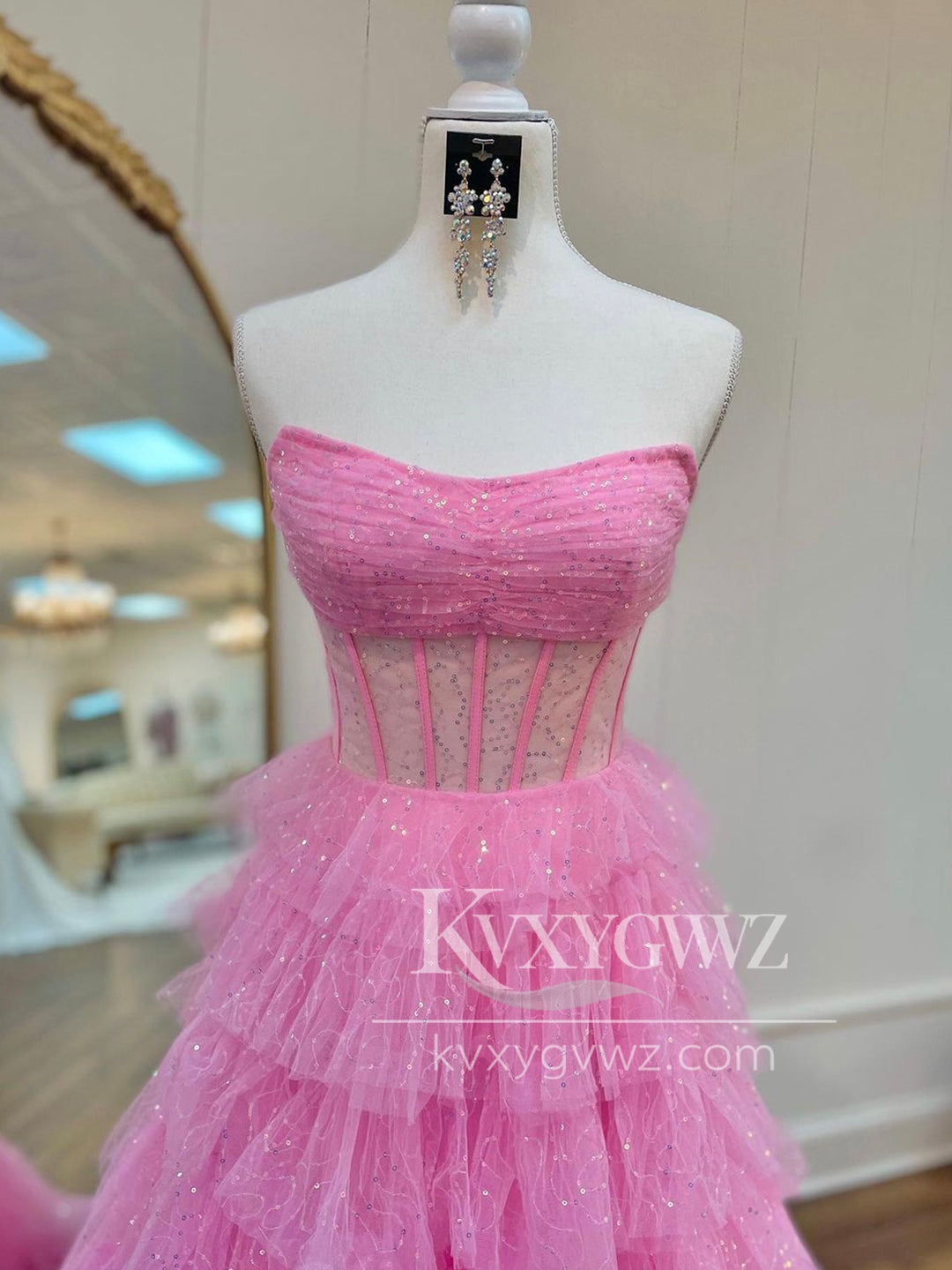 Stunning A Line Strapless Evening Gown Glitter Tulle Tiered Long Prom Dress LF1423