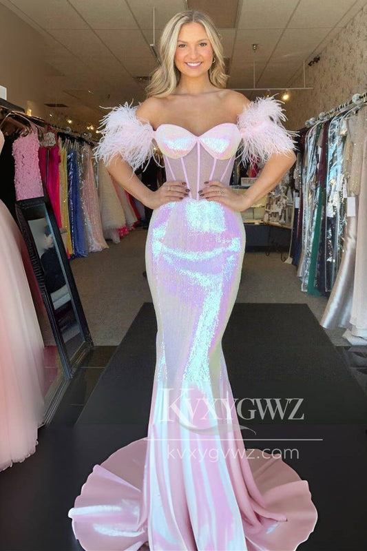 Conspicuous Mermaid Sweetheart Evening Gown Pink Sequins Feathered Prom Dress LF1424