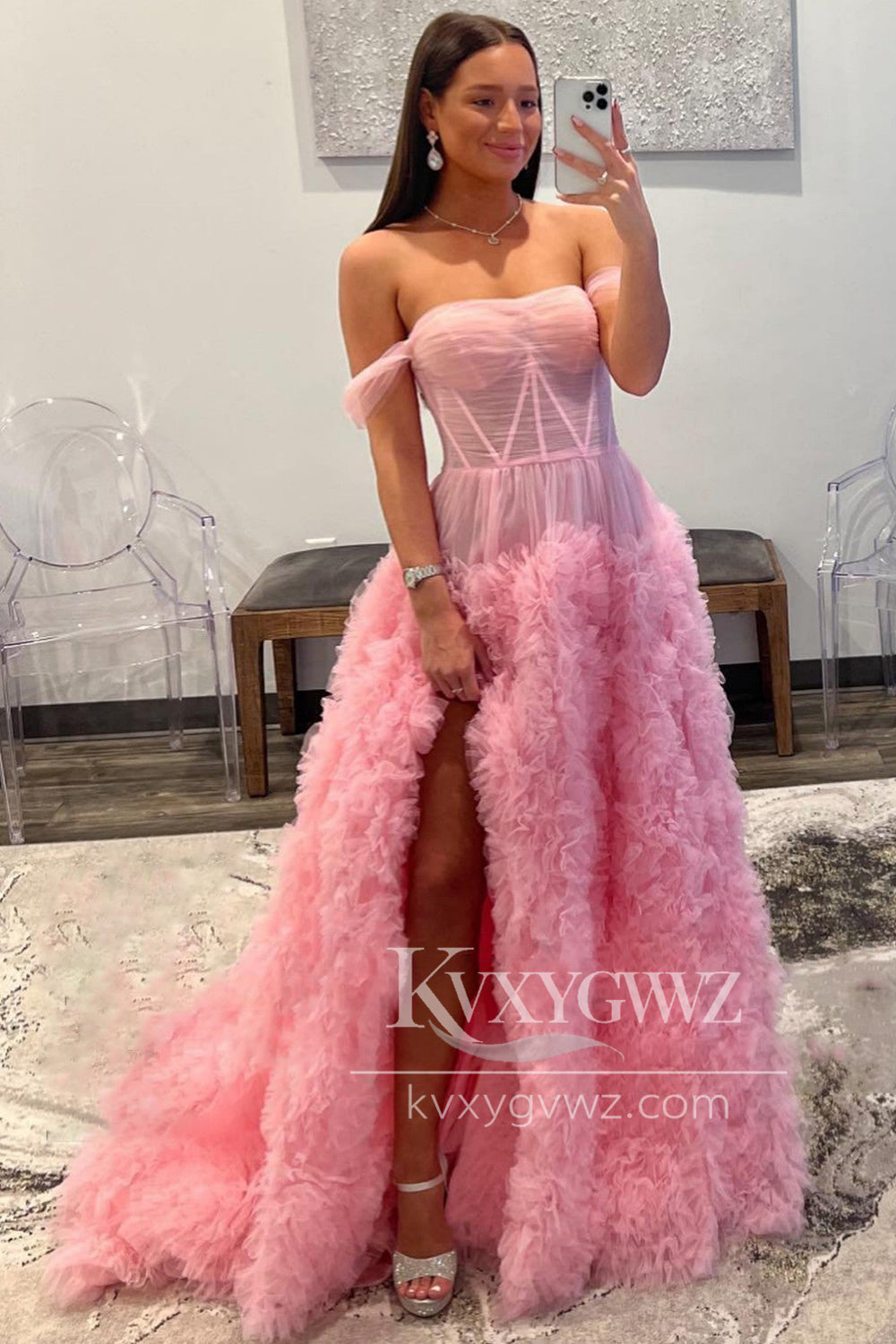 Fairy Ball Gown Off the Shoulder Evening Gown Pink Tiered Tulle Long Prom Dress LF1425