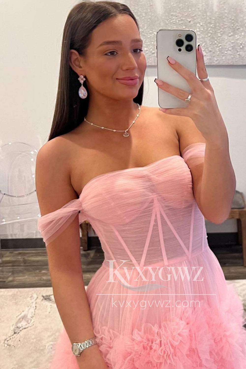 Fairy Ball Gown Off the Shoulder Evening Gown Pink Tiered Tulle Long Prom Dress LF1425