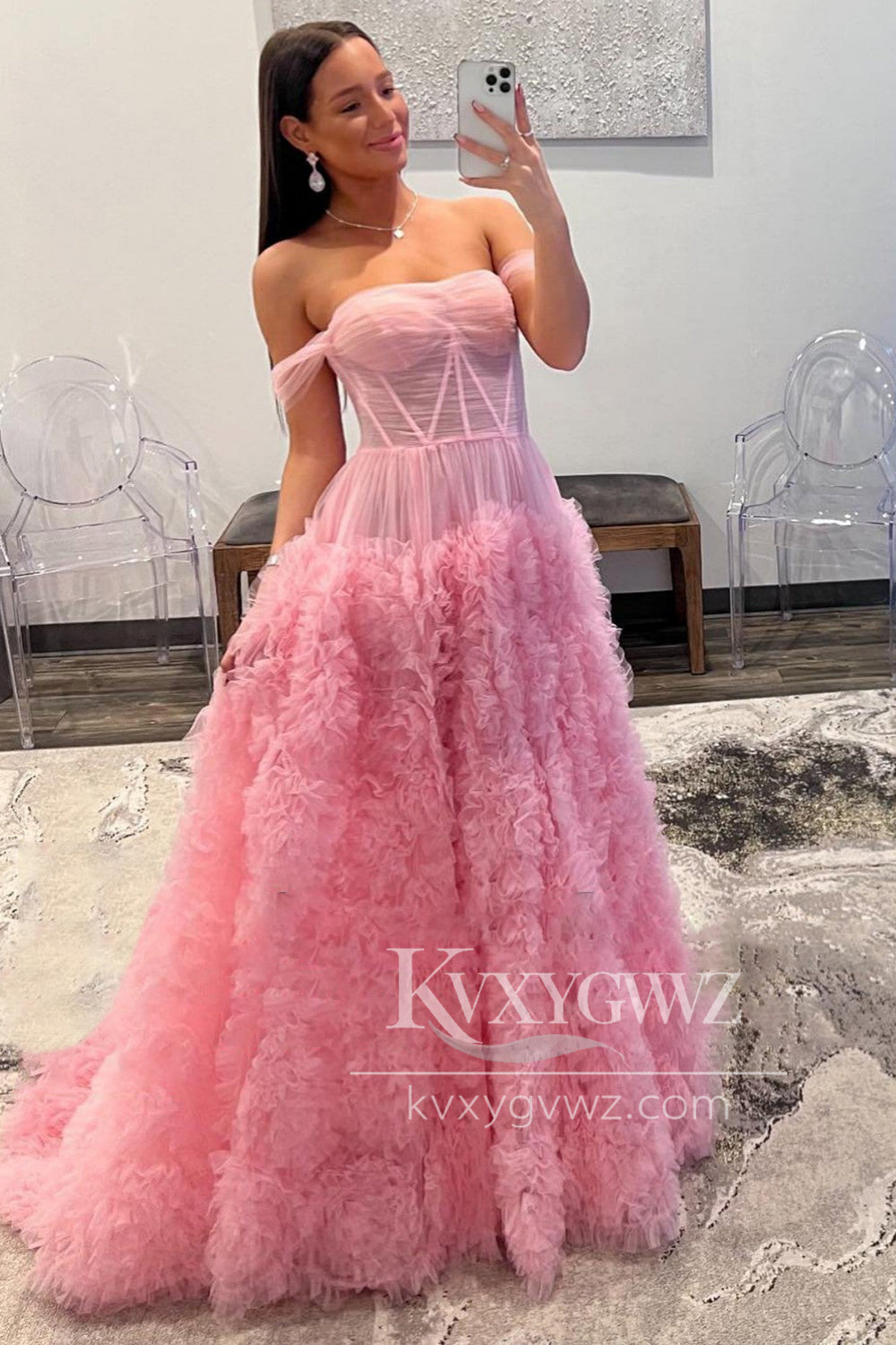 Fairy Ball Gown Off the Shoulder Evening Gown Pink Tiered Tulle Long Prom Dress LF1425