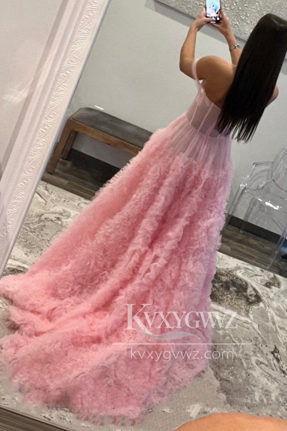 Fairy Ball Gown Off the Shoulder Evening Gown Pink Tiered Tulle Long Prom Dress LF1425