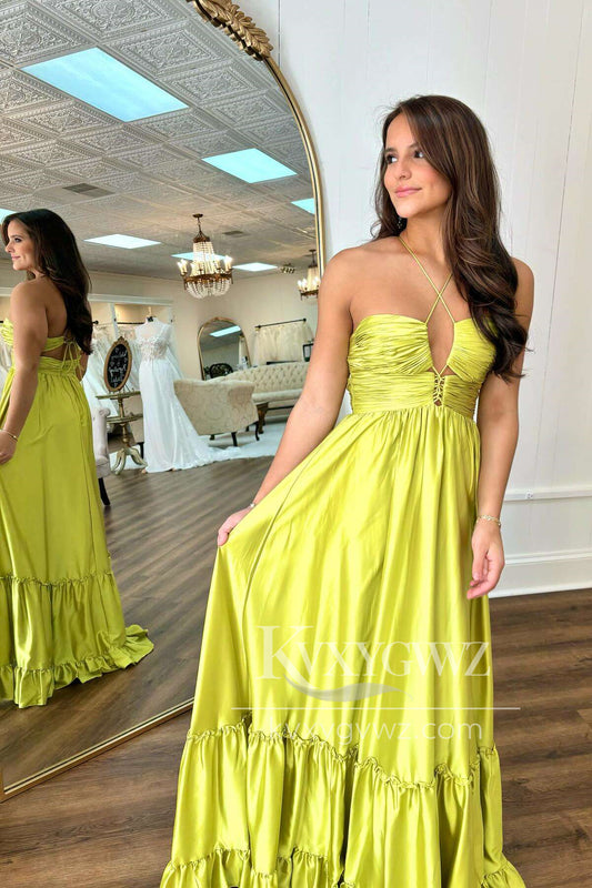 Stunning A Line Straps V Neck Evening Gown Ruffled Satin Long Prom Dress LF1426